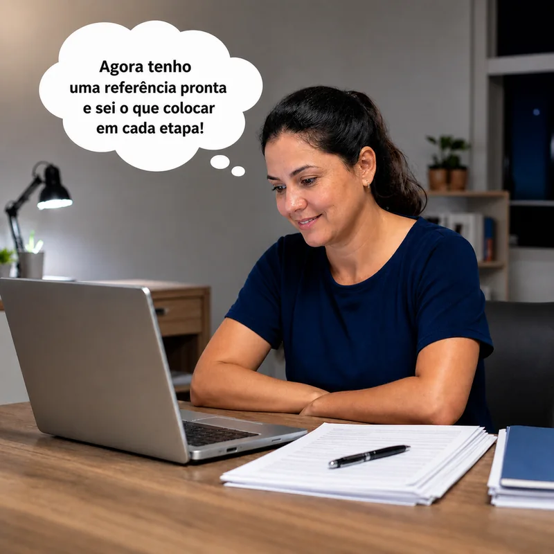 Professora confiante ao elaborar a documentação com uma referência pronta