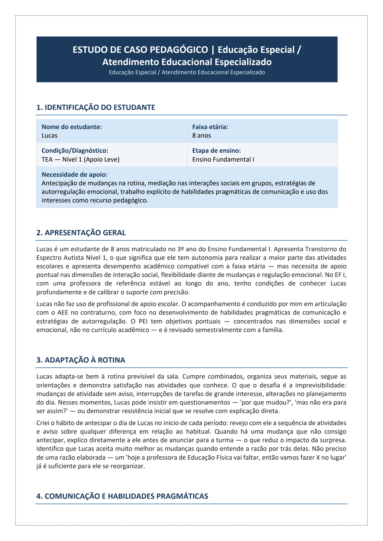 Primeira página do Estudo de Caso sobre TEA Nível 1