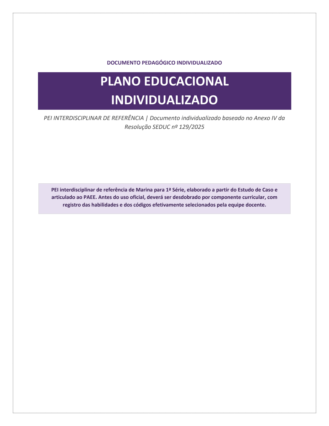 Primeira página do PEI sobre deficiência intelectual
