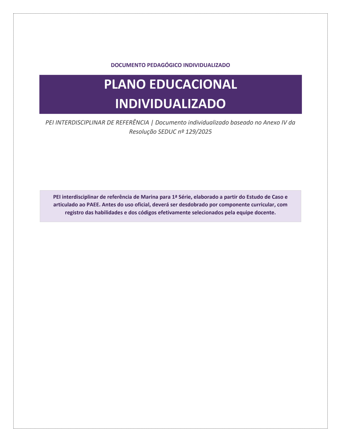 Primeira página do PEI sobre deficiência intelectual