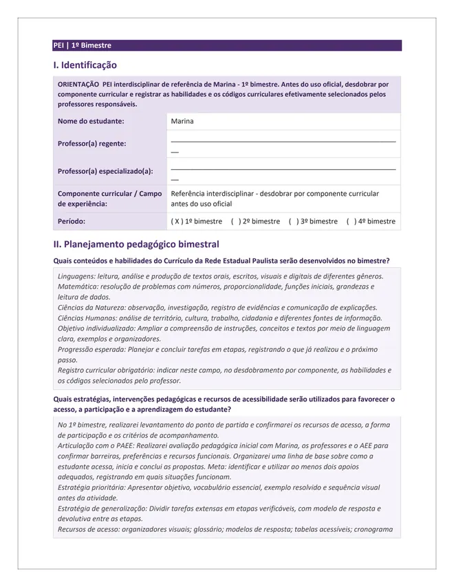 Segunda página do PEI sobre deficiência intelectual