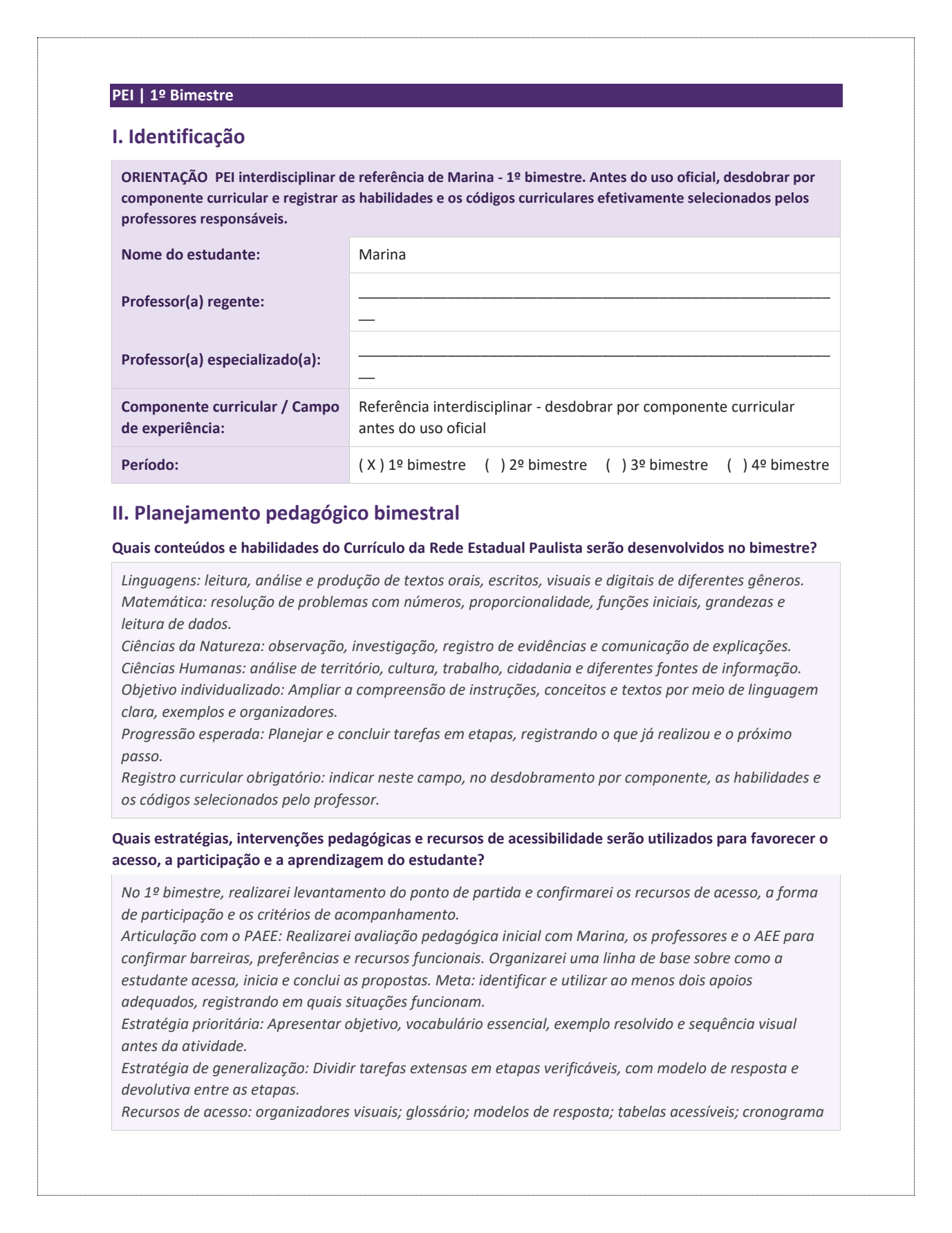 Segunda página do PEI sobre deficiência intelectual