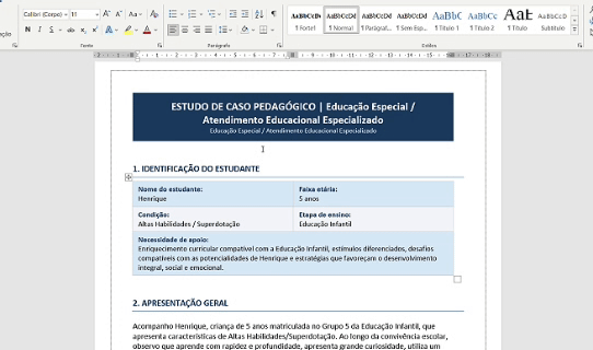 Demonstração da edição de um documento do AEE no Word