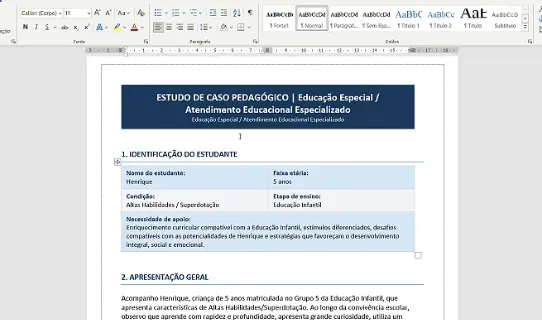 Demonstração da edição de um documento do AEE no Word