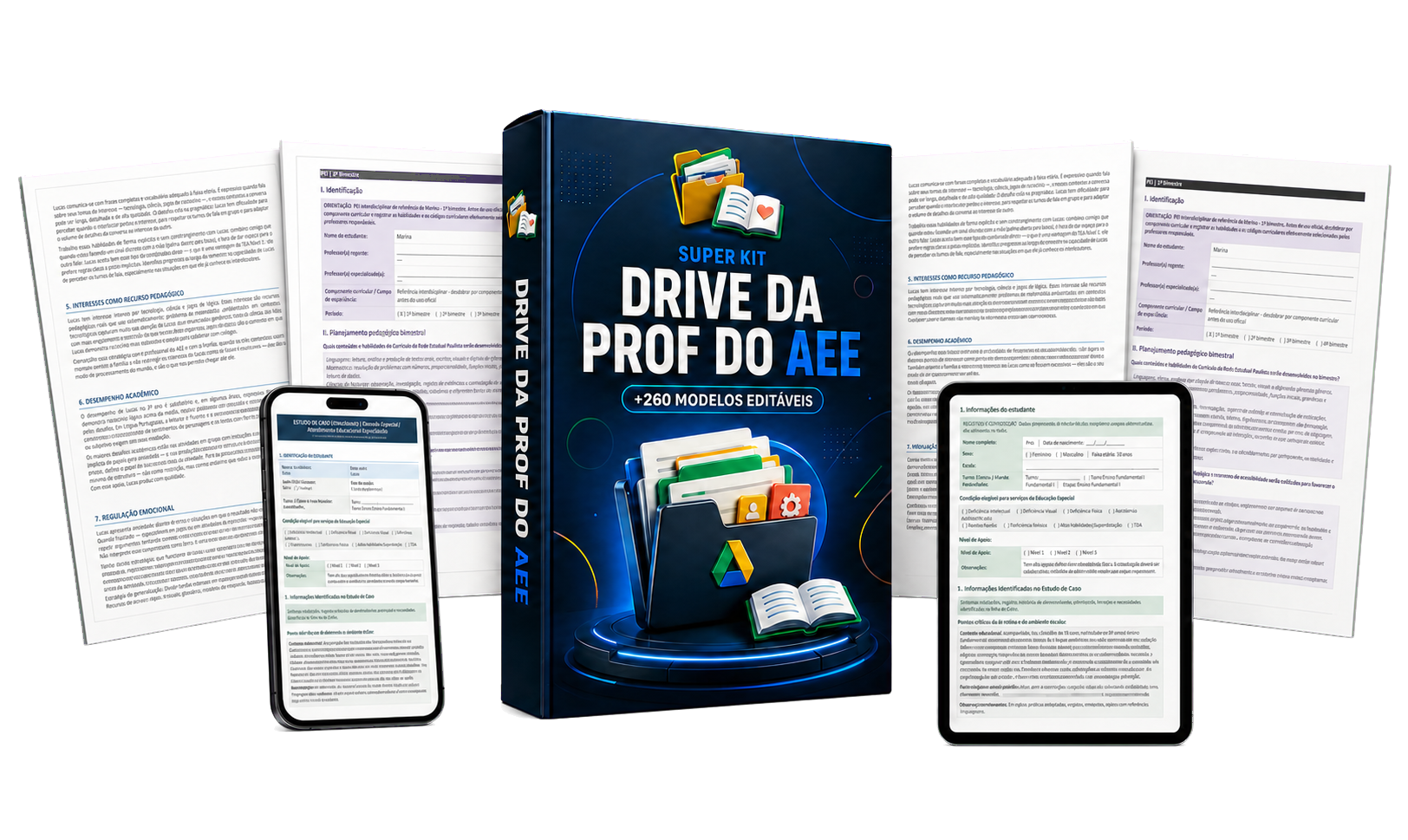 Super Kit Drive da Prof do AEE com páginas reais, celular e tablet