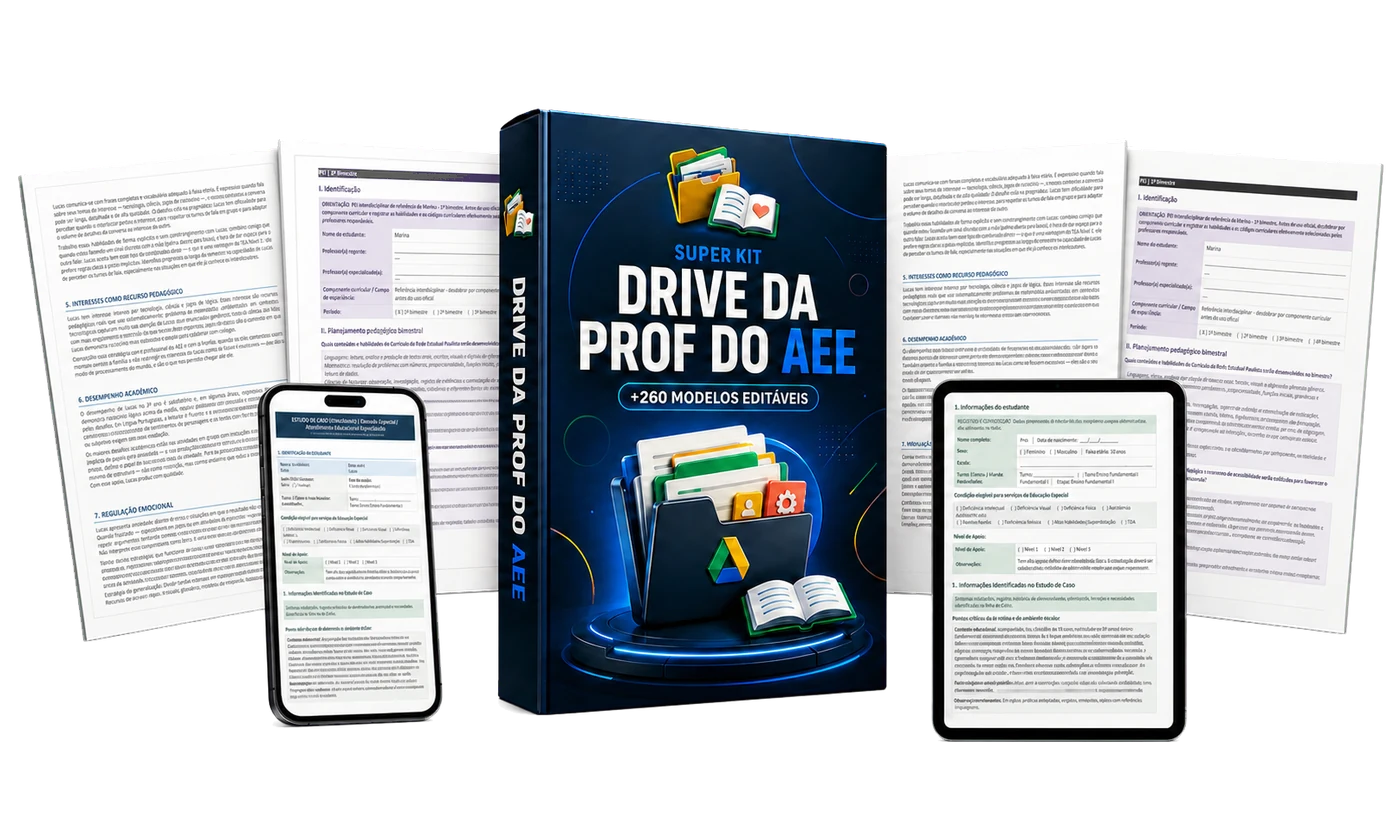 Super Kit Drive da Prof do AEE com páginas reais, celular e tablet