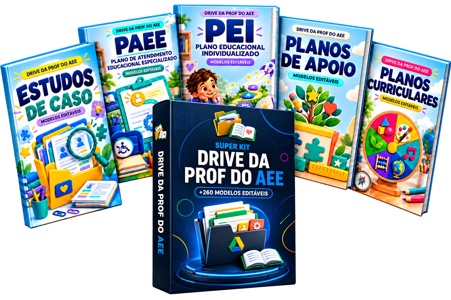 Super Kit Drive da Prof do AEE com livro e capas de Estudo de Caso, PAEE, PEI, Planos de Apoio e Planos Curriculares
