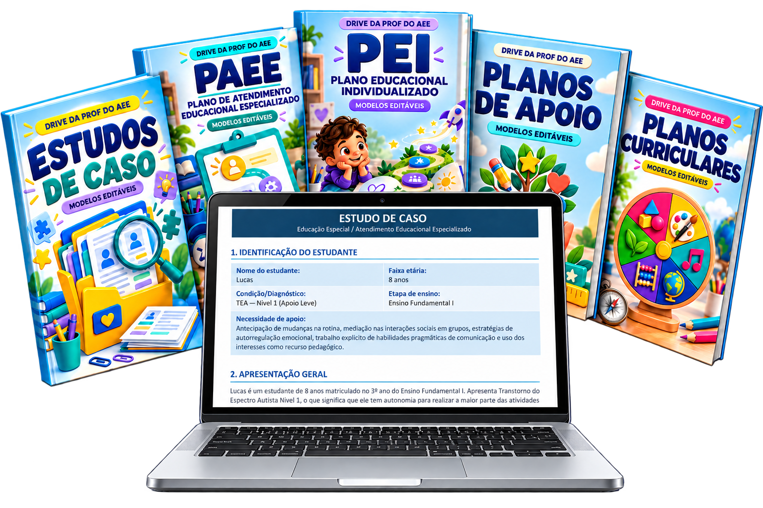 Kit Drive da Prof do AEE com notebook e capas de Estudo de Caso, PAEE, PEI, Planos de Apoio e Planos Curriculares