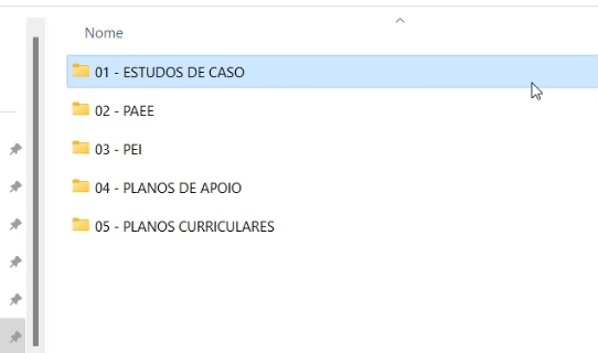 Demonstração das pastas de documentos organizadas por categorias